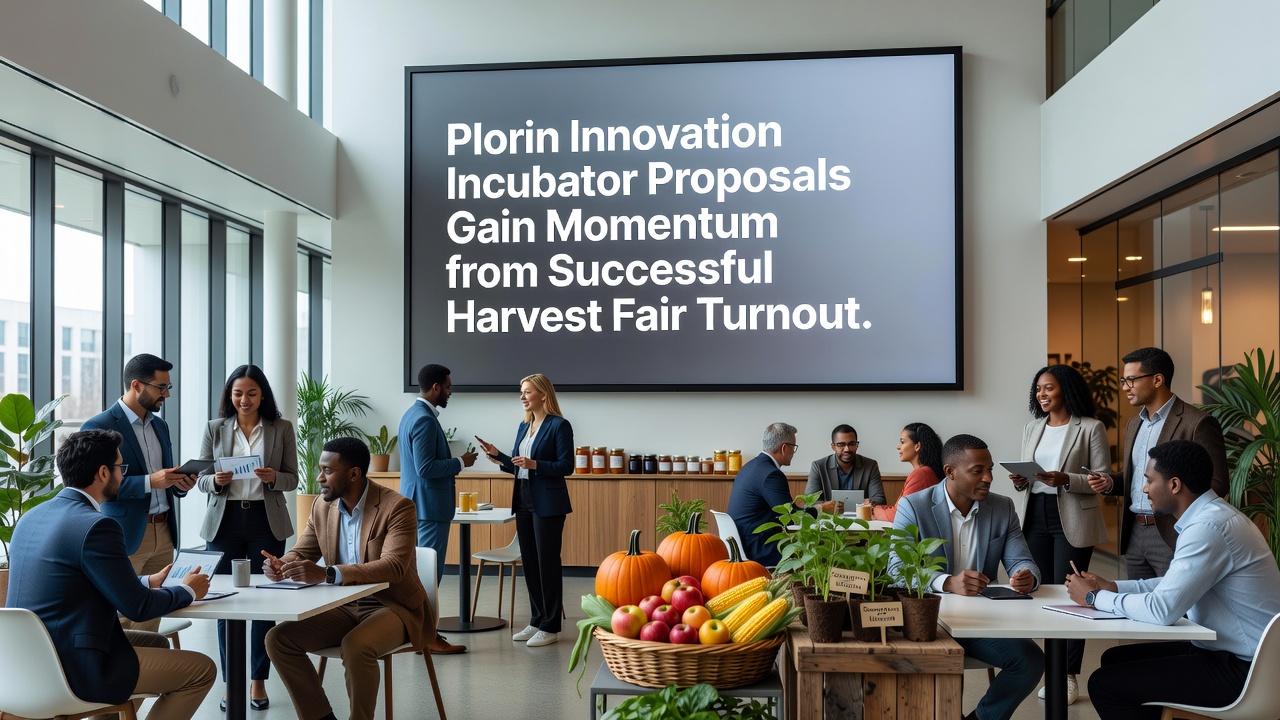 Entrepreneurs present prototypes at a Harvest Fair booth, highlighting new ideas generated from the event
