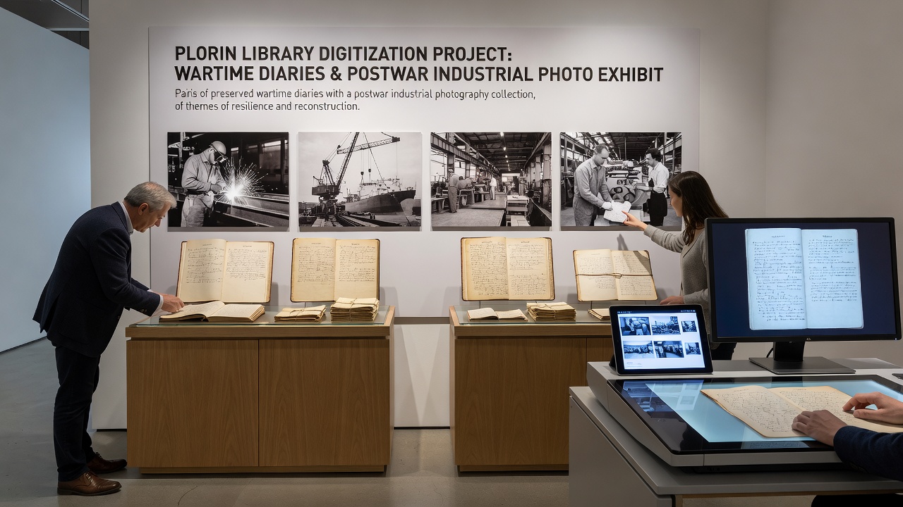 Archival postwar industrial photographs showing factory reconstruction scenes that form part of the Plorin Library exhibit