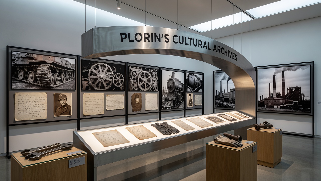 Digital interface at the archives displaying paired wartime diary entries and postwar factory photographs