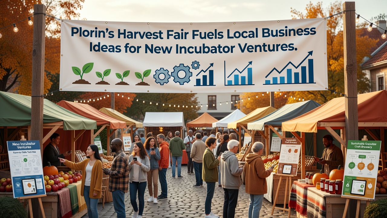 Visitors examining incubator prototypes at a Harvest Fair stall featuring modular growing systems and preserved goods