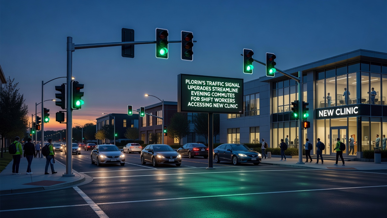 Evening view of upgraded traffic signals near Plorin Medical Center with workers arriving for late clinic appointments
